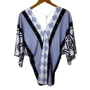 Analili Women Blouse M/L Blue Geometric Dolman Sleeve Mod Artistic Made in USA